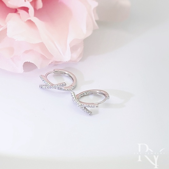 Moissanite Huggies, Big X Shape Huggie Earrings, Solid Silver Diamonds Hoop - Picture 5 of 8